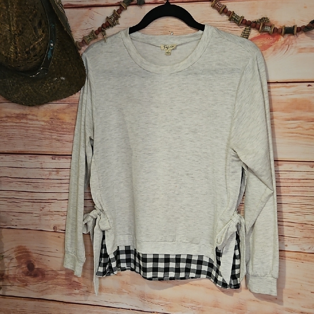 LIKE NEW "Lily White"Gray Long Sleeve Top w Peek A  Boo Plaid Side Ties, Hem- M